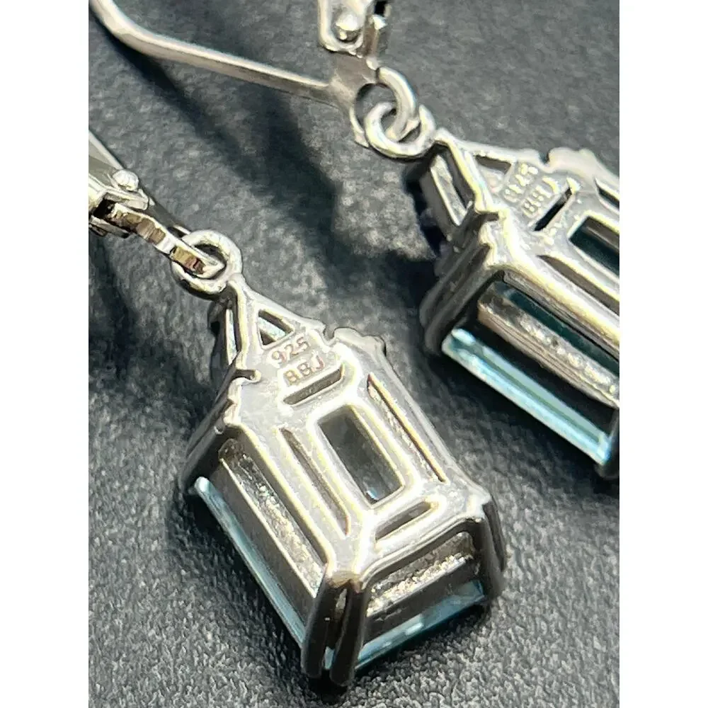 BBJ 925 Sterling Silver Emerald‎ Cut Blue Topaz Sm Sapphire Lever back Earrings